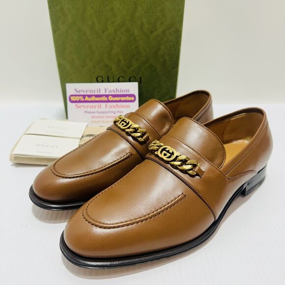 Gucci Chain Interlocking GG 10/ 10.5 US Loafer Brown Italian Leather Shoe NIB - Picture 1 of 13